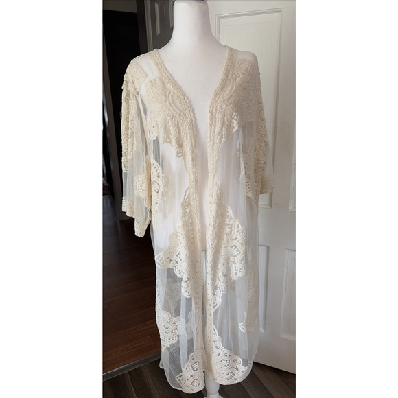 other Sweaters - Womens White Meshy Lace Sheer Kimono Cardigan XL Festival Boho Ethereal Angel